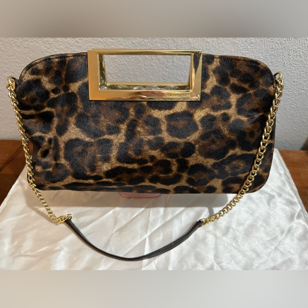 Michael Kors Berkley Leopard-Print Calf Hair Crossbody/Clutch with Gold Chain